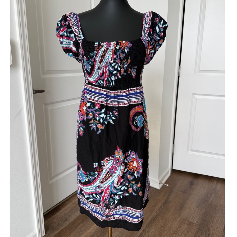 Xhilaration Womens Black Paisley Smocked Cap Sleeve Boho‎ Mini Dress Large
